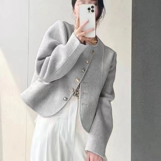 小香风外套女新款圆领单排扣双面呢子大衣女设计感小个子呢子上衣|undefined