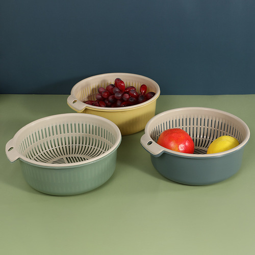 Factory Store Double-Layer Hollow Drain Basket Portable Kitchen Creative Plastic Vegetable Basket Home Fruit Basket with Logo Printing