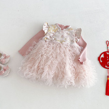 女童网纱连衣裙2025新款冬季宝宝中国风斜襟夹棉裙子儿童拜年服潮