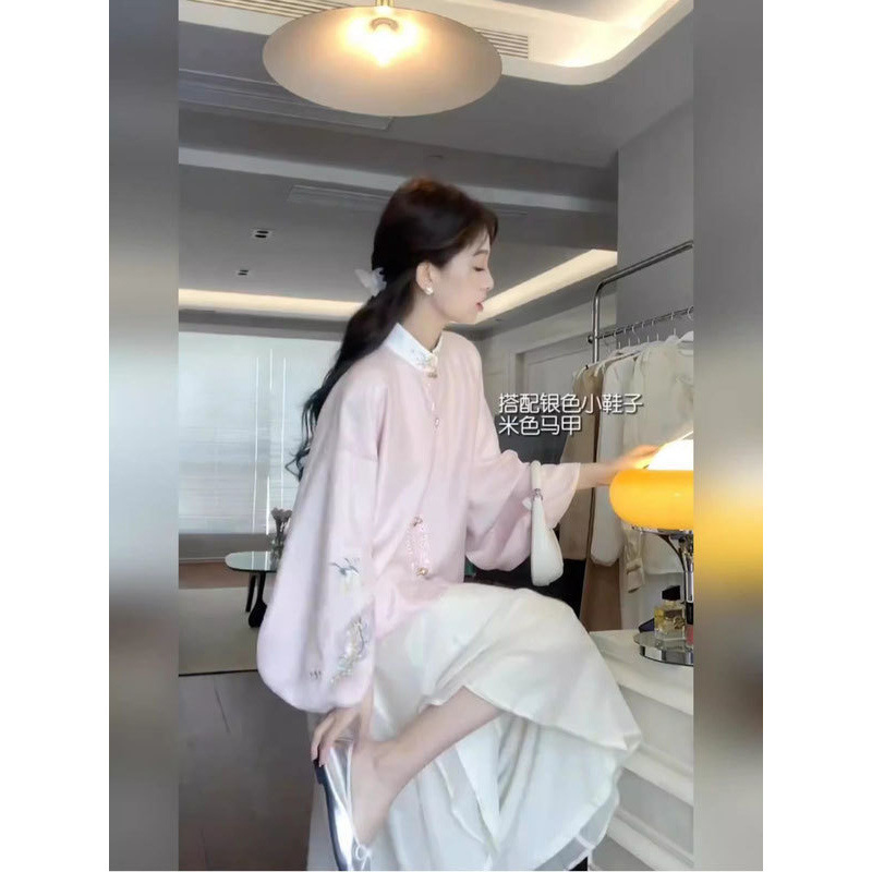 大码胖新中式国风套装改良汉服上衣新款女衬衫马甲半身裙三件套|undefined
