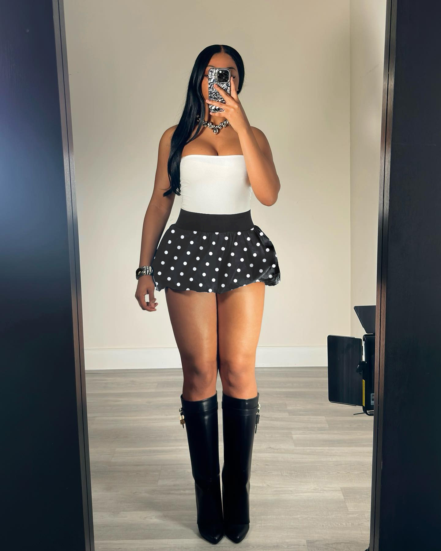Retro Polka Dot Bubble Hem Skirt High Waist Flared Mini Skirt_voghion.com