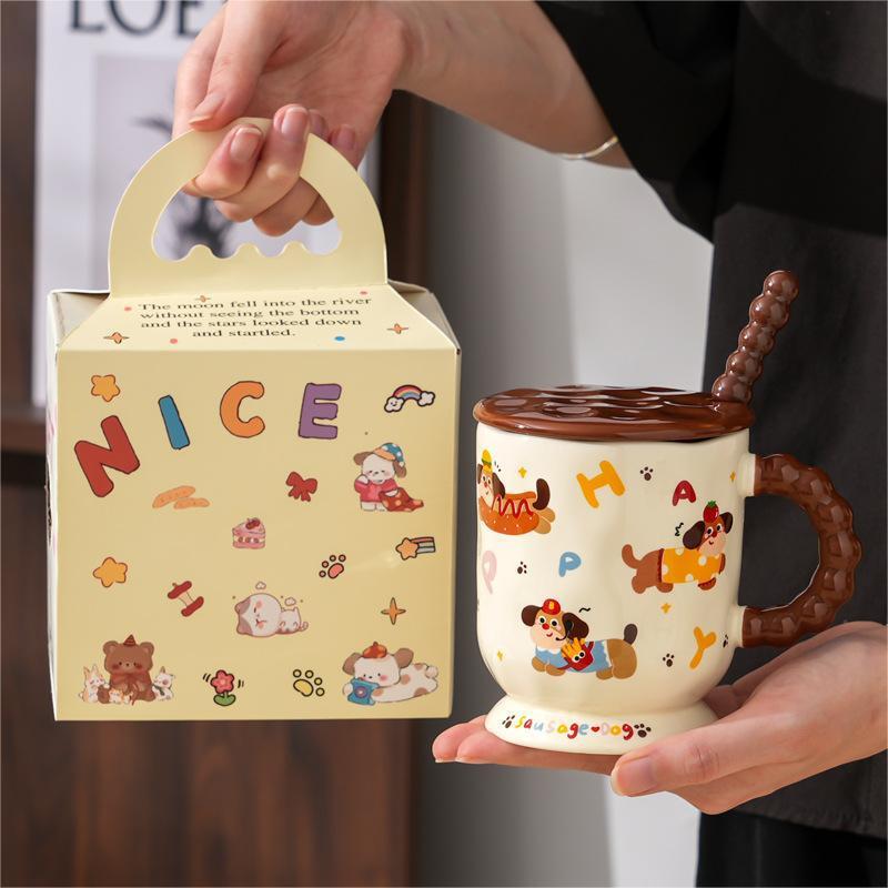 かわいいダックスフントセラミックマグ蓋スプーン付き家庭用飲料朝食コーヒーミルクカップ実用的な誕生日プレゼント|undefined