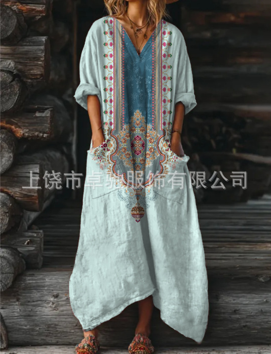 2025新款独立站女式复古花卉艺术图案印花口袋V领口袋连衣裙|undefined