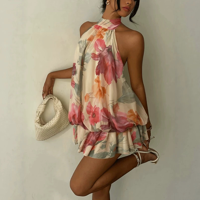 In-Stock 2026 New Model Foreign Trade Cross-Border Amazon Temu Hot-Selling European and American Style Halter Neck Ribbon Sleeveless Tiered Dress