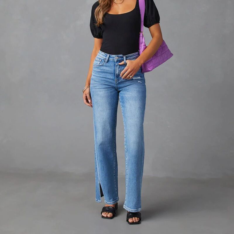 European and American Slit Jeans for Women Hot-Selling New Amazon Ebay High-Waist Fashion Slit Straight Stretch Jeans