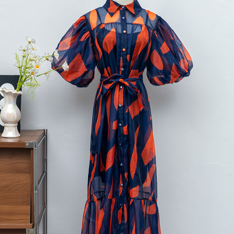 Extended Age-Reducing Versatile Puff Sleeve Mid-Length Waist-Cinching Shirt Dress 2025 Spring Women's Single-Breasted Printed Tie Dress