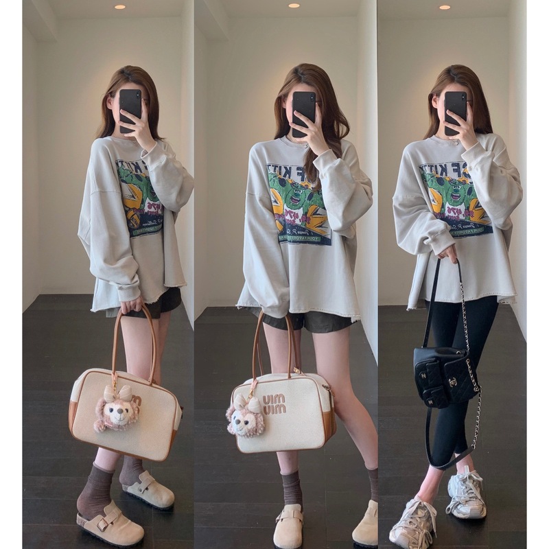 甜酷范 韩系减龄慵懒时髦卡通印花显瘦毛边卫衣女2025新|undefined