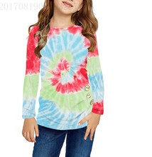 2023外贸欧美跨境女童亚马逊爆品扎染印花圆领长袖套头宽松T恤