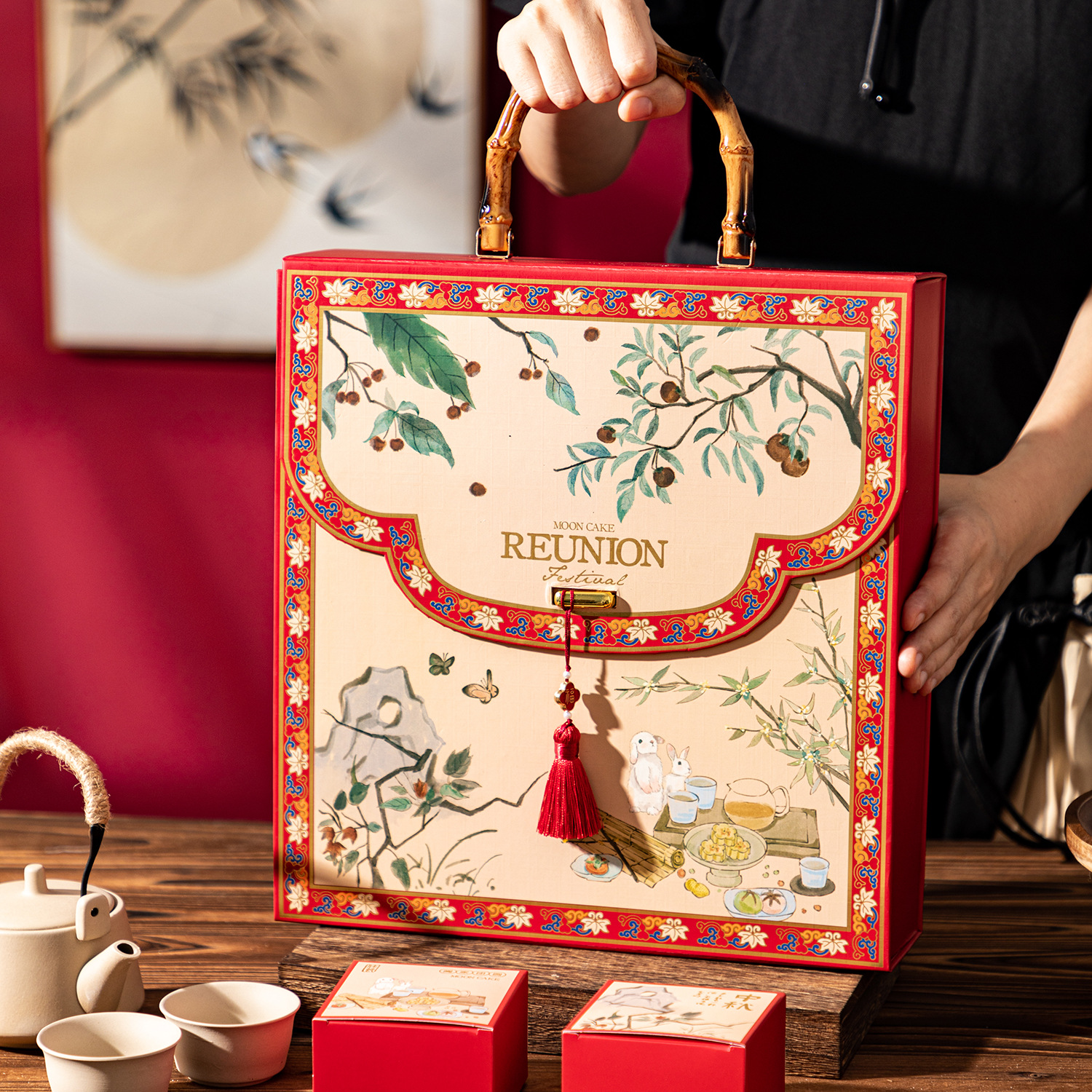 2025新款月饼礼盒包装盒国潮水墨风中秋高档竹节手提盒6个8粒空盒