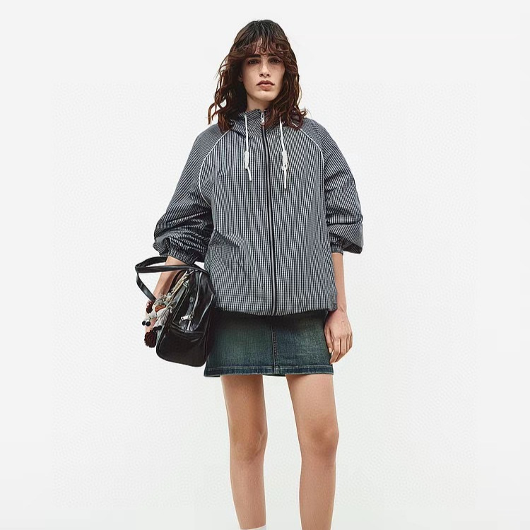 M*O Women's Clothing 2026 Spring and Summer New Black and White Plaid Light Drawstring Hooded Sports Style Jacket Women's Jacket