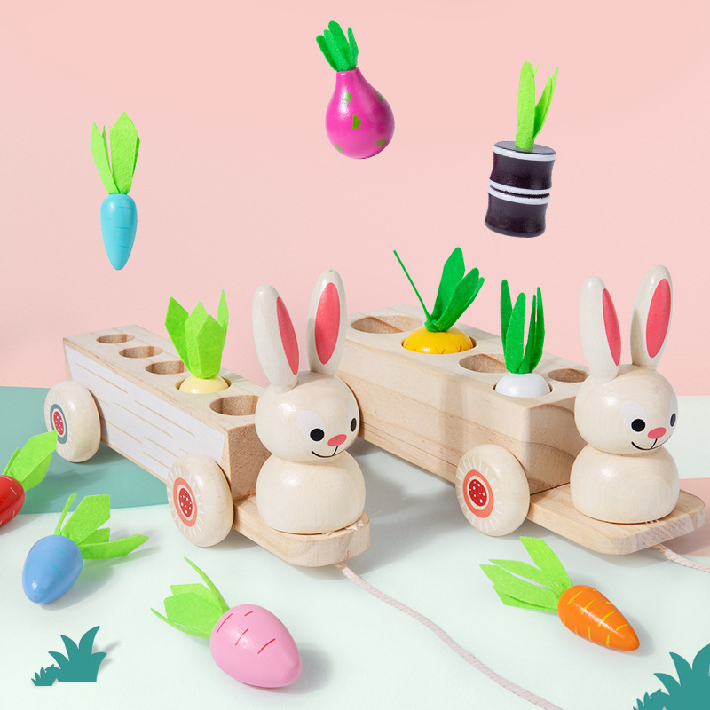 Los niños de madera animal conejo fruta vegetal tirando rábano tres-en-un carro jardín de infantes educativos juguetes de educación temprana