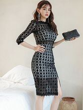 跨境外贸女装秋季新款韩版气质蕾丝包臀开叉性感修身中长款连衣裙