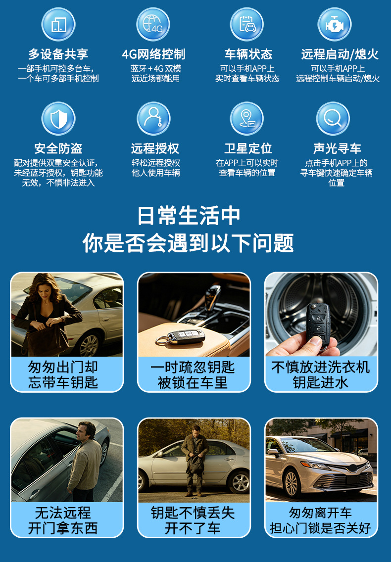 Universal Smart Car Key, Keyless Entry, Remote Start, Mobile Phone Control, Anti-Theft Alarm