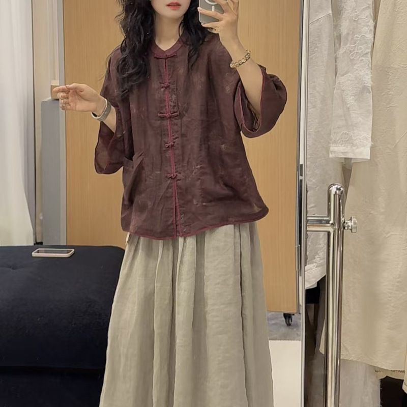 Literary Retro Style Linen Stand Collar Buckle Women's 2025 Summer Versatile Top Shirt