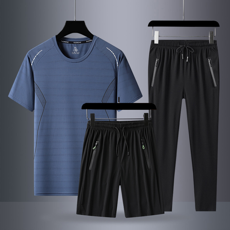 Trajes deportivos de manga corta transfronterizos para hombres de verano, camisetas de media manga de hielo, pantalones cortos casuales de tres piezas para correr.