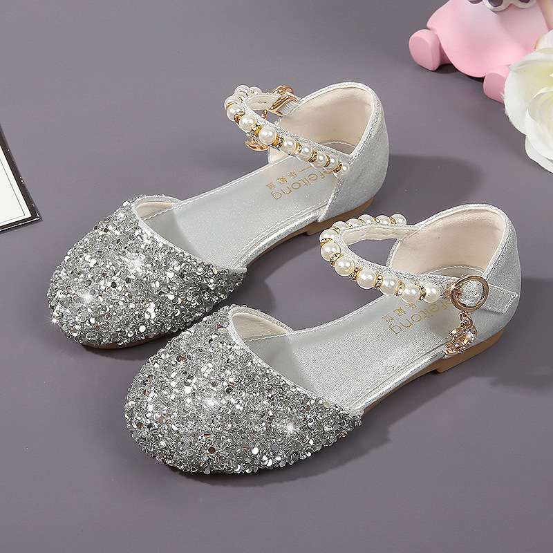 Girls' Princess Shoes Spring and Autumn New Fashion Single Shoes Children Stylish Leather Shoes Silver Little Girl Soft Sole Crystal Shoes