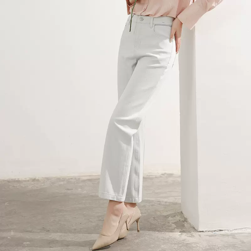 厂家直销新款休闲简约通勤百搭显瘦宽松法棍裤小直筒四面弹牛仔裤