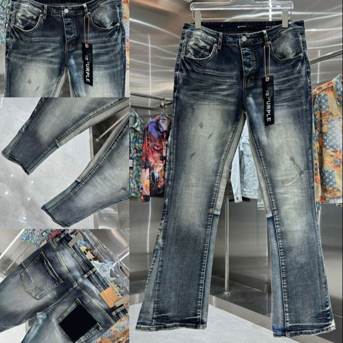 High-End Purple Brand Retro Splatter Ink Ripped Jeans for Men, Trendy Washed Casual Flared Pants