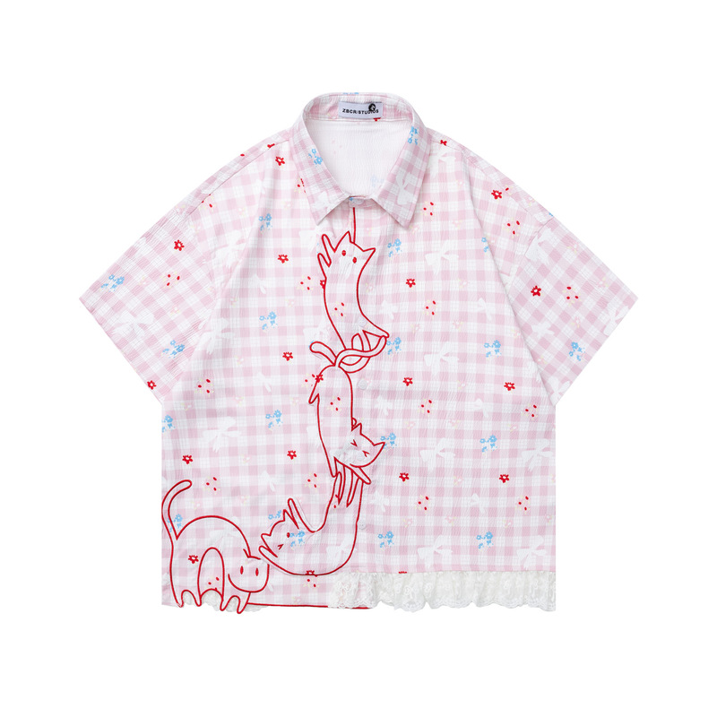 Japanese-Style Cute Cat Embroidery Lace Patchwork Design Short-Sleeve Shirt for Women 2026 Summer Versatile Casual Shirt