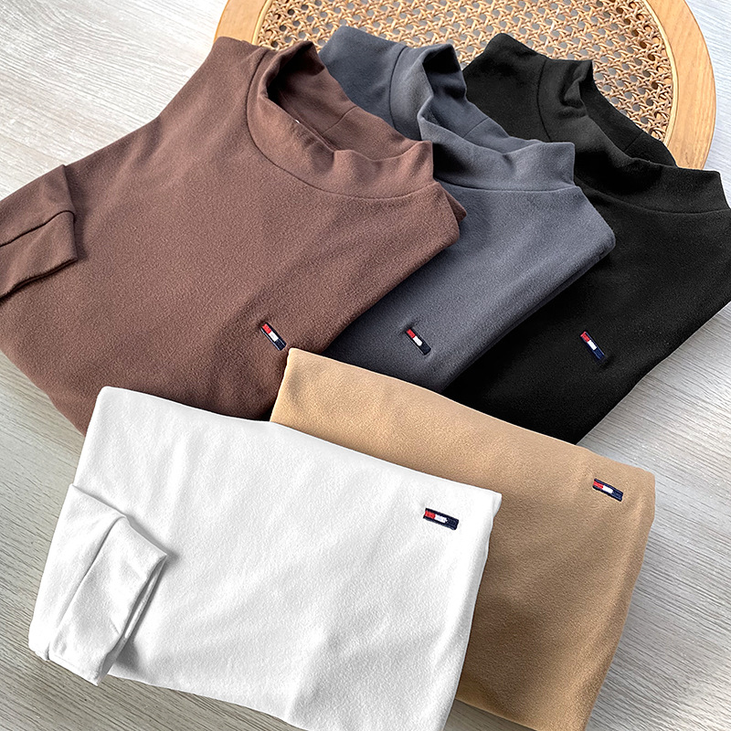 Value for money! Self-heating double-sided velvet! Semi-high collar embroidered warm base shirt long sleeve T-shirt for men