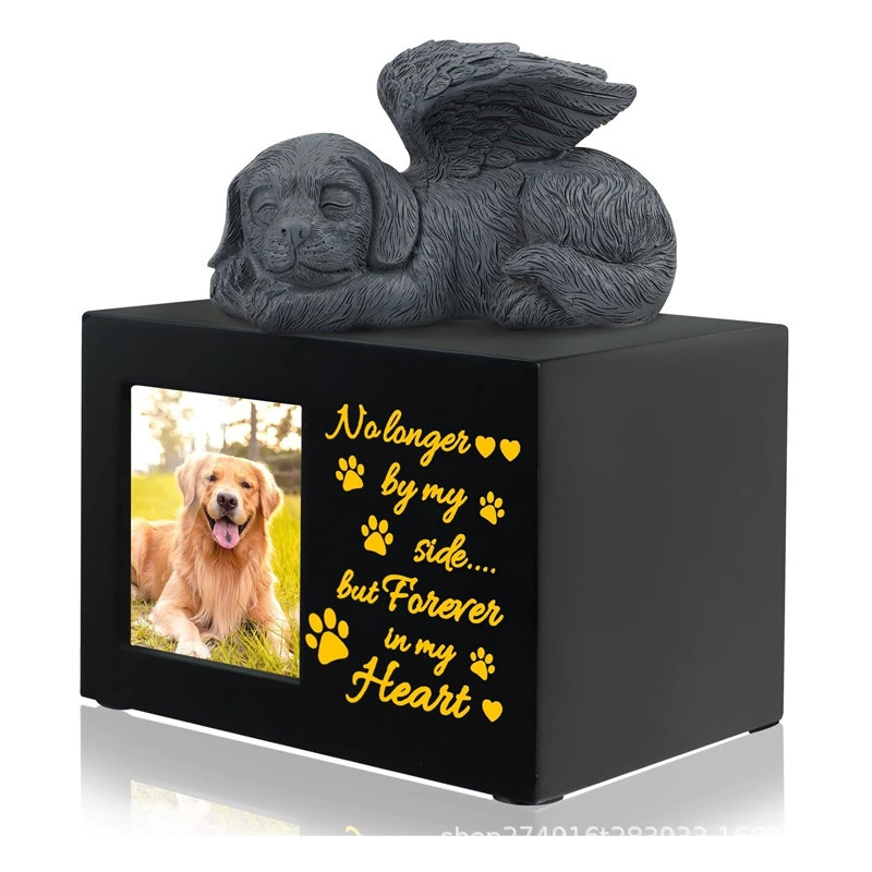 Pet urn cross-border text patterns can be made into urn solid wood processing with photo frame + angel dog funeral