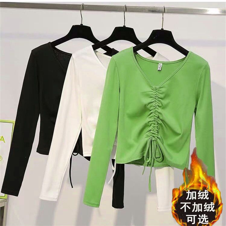 秋冬季新款修身时尚t恤女长袖V领高腰抽绳短款收腰上衣纯色T恤女