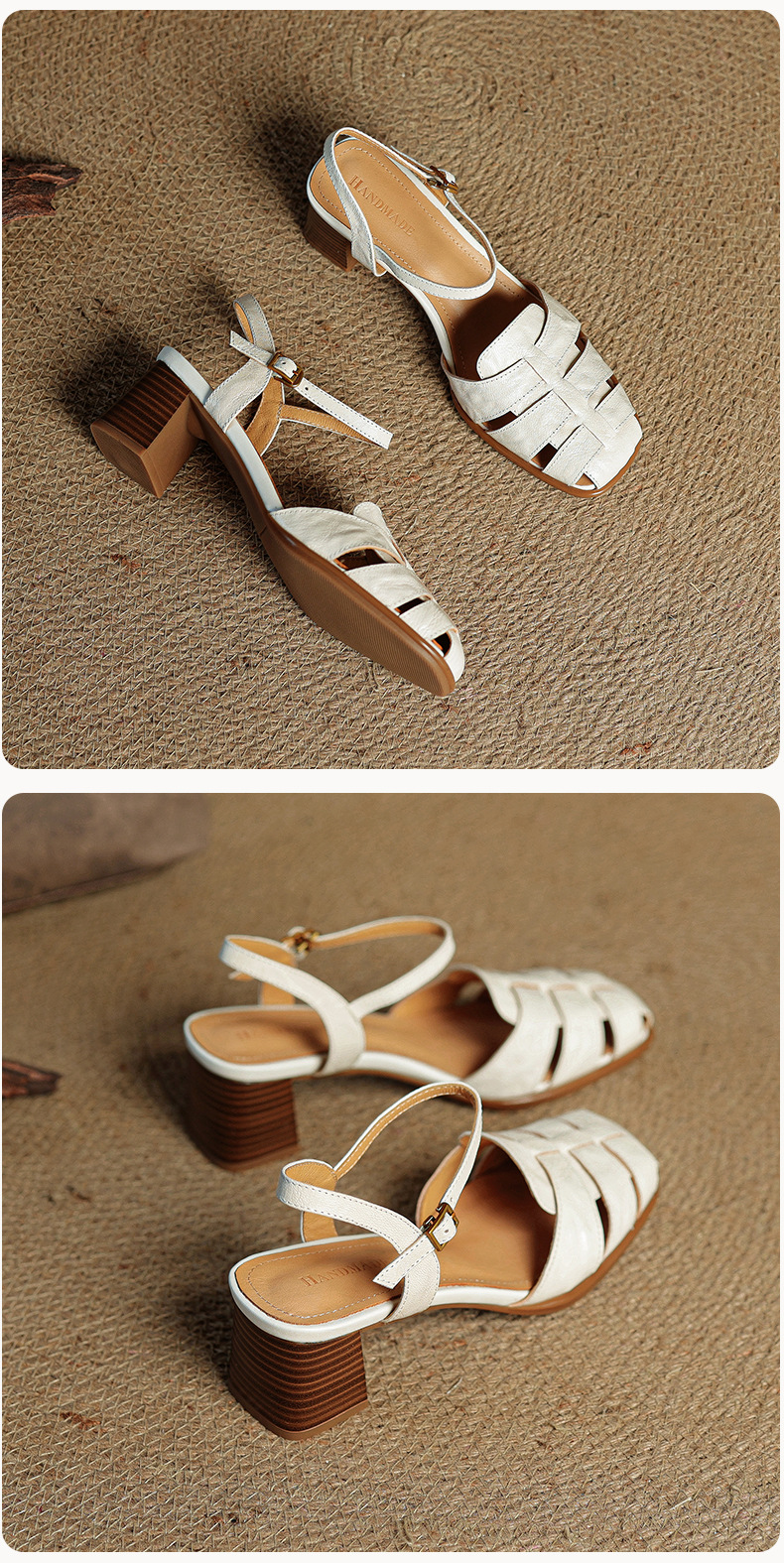 Sandal cao gót nữ quai ngang mũi kín da cừu dệt rỗng phong cách vintage — đen chi tiết 25