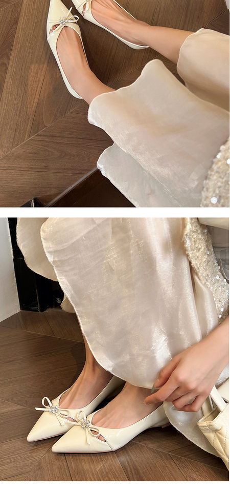 Giày búp bê nữ mũi nhọn đế bằng đính pha lê hoa nơ, độn cao bên trong — Màu bạc, Màu mơ, Màu trắng be chi tiết 11