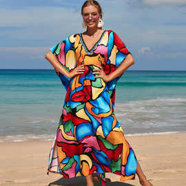 欧美外贸女装人棉定位印花沙滩罩衫性感宽松休闲连衣裙比基尼罩衫