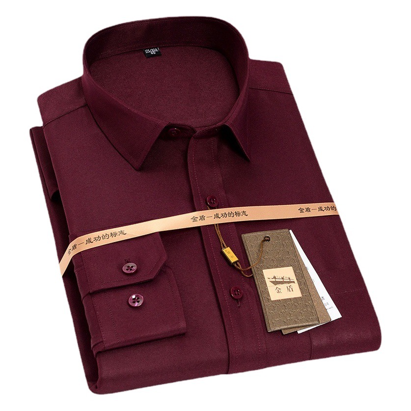 Camisa de manga larga Gold Shield para hombre, sin planchado, para primavera y otoño, ropa formal profesional, ropa de trabajo de negocios, camisa blanca pura con logotipo bordado de fábrica.