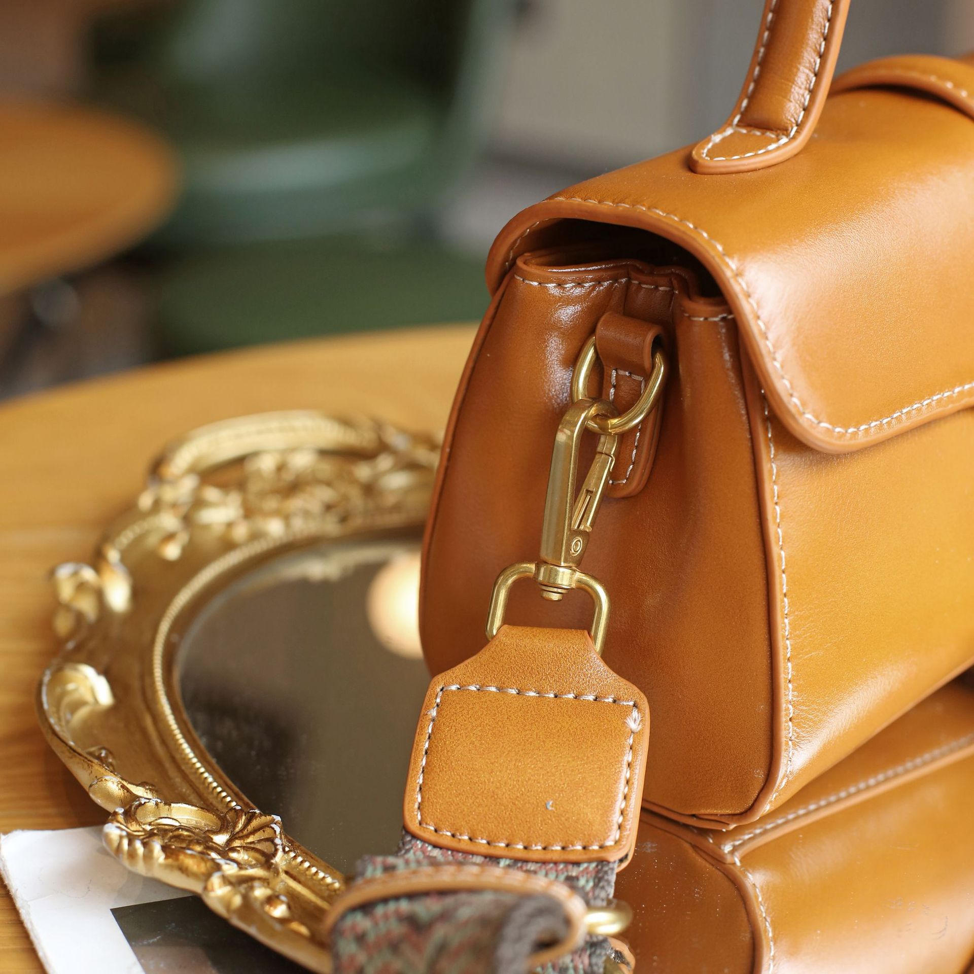 Women's Crossbody Bag - Top Grain Vegetable-Tanned Leather Shoulder Bag With Wide Webbing Strap, Retro High-End Texture Commuter Motorcycle Bag - Thumbnail 4