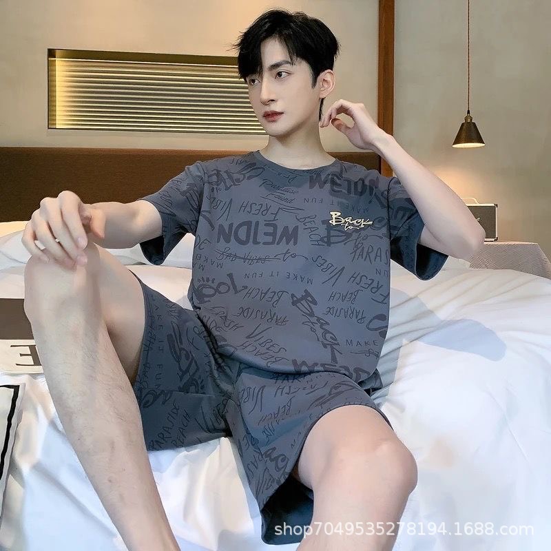 High-Grade Cotton Men's Pajamas Summer Round Neck Short Sleeve Shorts Casual Set Loose Teenager Thin Homewear