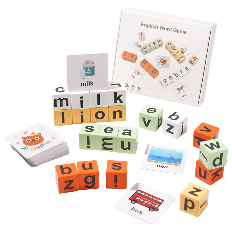 Tarjeta de palabra en inglés para niños juguete de palabra de madera Montessori Educación temprana carta cubo batalla de varias personas Juego de mesa