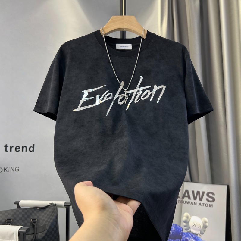 謝霆峰と同じスタイルのヘビーウォッシュ加工のダメージ加工半袖Tシャツ、男女兼用、ニッチなアメリカンハイストリートカップルトップス|undefined