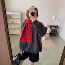 韩系秋冬复古波点针织衫女2025秋冬新款带围巾设计甜酷风毛衣外套
