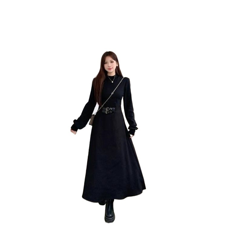 气质显瘦赫本风连衣裙女秋冬季大衣内搭掐腰辣妹小黑裙收腰中长裙|undefined