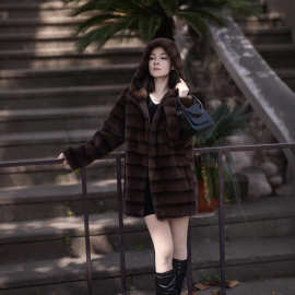 2025欧美秋冬新款人造毛皮草外套中长款仿水貂大衣连帽女上衣外套