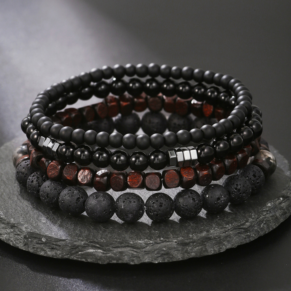 Juego de 2 pulseras de cuentas de madera de piedra volcánica negra mate con cálculos biliares, combinación de red de hip hop, elásticas de viento rojo_voghion.com