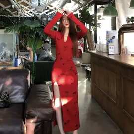 法式红色织性感连衣裙女秋季长袖辣妹长裙气质修身御姐裙子