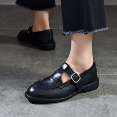 復古法式真皮瑪麗珍丁字扣小皮鞋女2024春款英倫風水洗牛皮單鞋女