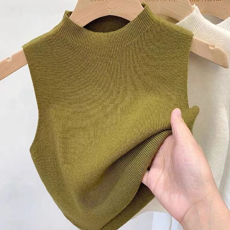 Women's half turtleneck sleeveless vest summer outer wear slim fit suit inner wear spring and autumn bottoming shirt short T-shirt knitted top Women's half turtleneck sleeveless vest summer outer wear slim fit suit inner wear spring and autumn bottoming shirt short T-shirt knitted top