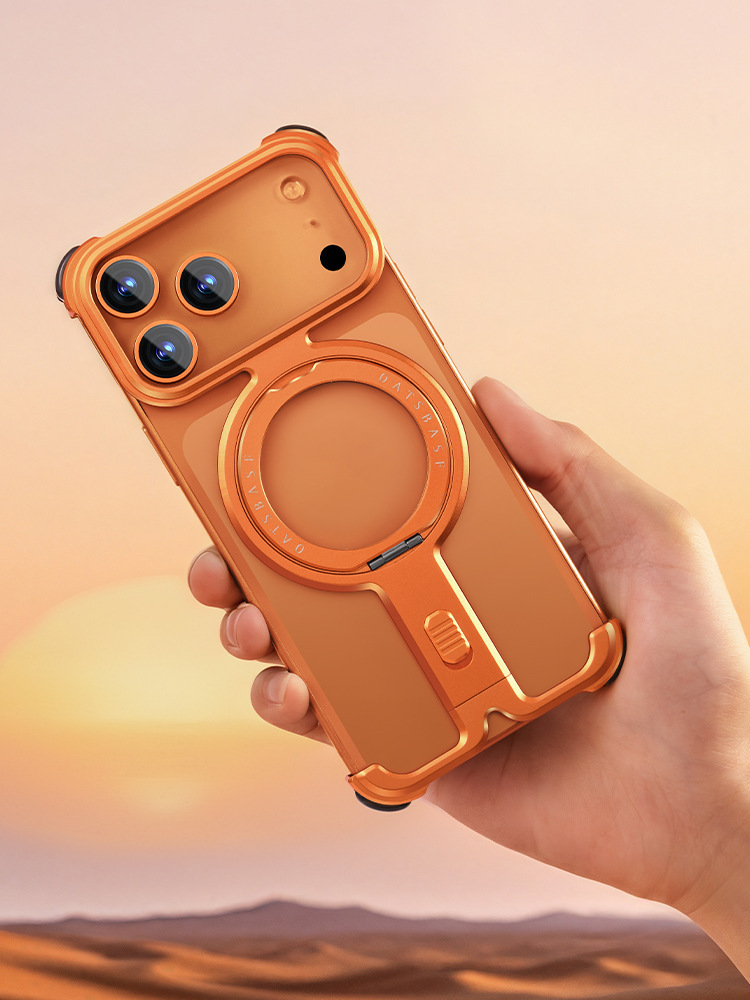 Ốp lưng iPhone 17 Pro Max / 16 Pro / 15 viền kim loại không viền, tích hợp chân đế xoay, nam châm MagSafe — Đen, Nguyên bản, Cam, Xanh đậm chi tiết 1