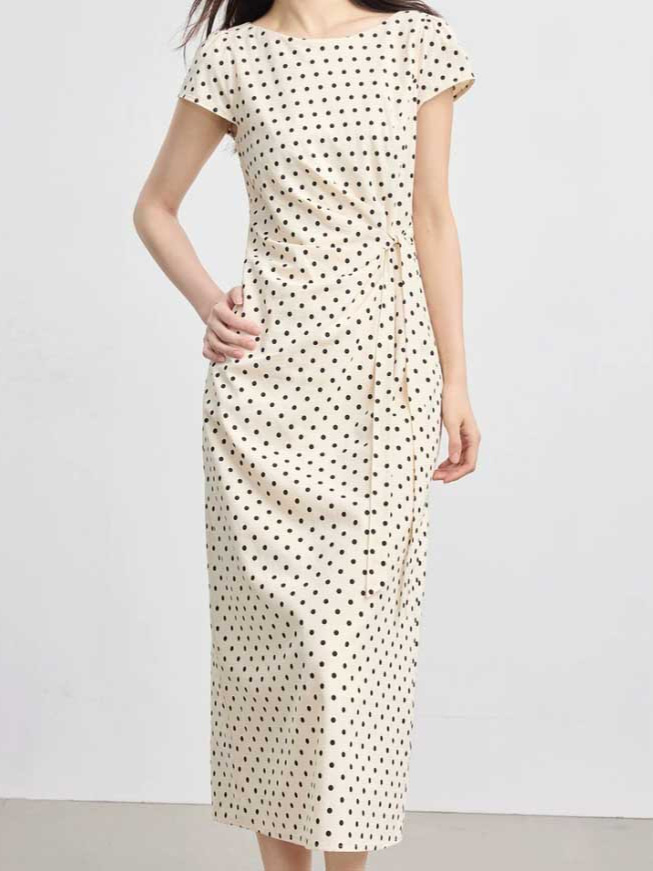 Đầm maxi nữ tay ngắn họa tiết chấm bi phong cách Pháp, eo xếp li buộc dây — Điểm đen Apricot Bottom