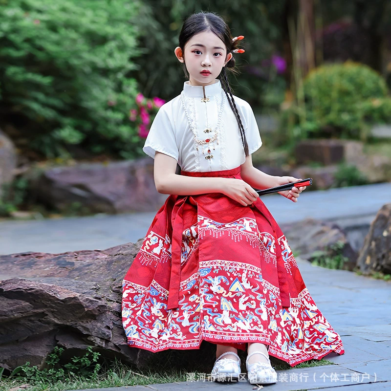 Девушка с конским лицом ребенка Hanfu с короткими рукавами 2024 новый набор стиля колледжа