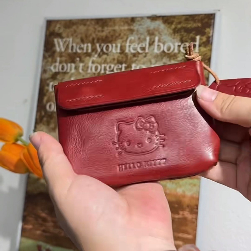 HelloKitty手工红色皮质零钱包可爱迷你kt便携耳机证件随身小卡包|undefined