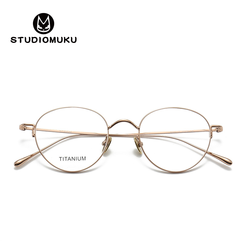 STUDIOMUKU gafas de madera cool, marco redondo de la juventud nacional, marco de gafas de titanio puro, el temperamento de la literatura y el arte, el marco de gafas versátil