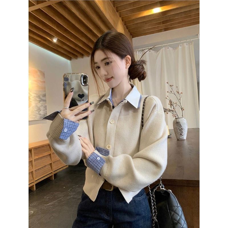 假两件衬衫领针织衫毛衣女2025年穿春秋新款显瘦撞色内搭收腰上衣|undefined