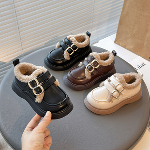 Girls Cotton Shoes Children's fleece-lined Thickened Shoes 2024 Winter New Girls Warm Winter Shoes Baby Western Style Leather Shoes