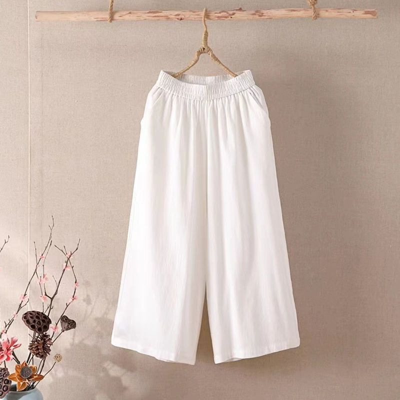 2025 Summer Casual Cotton and Linen Wide-Leg Pants Solid Color Plus-Size Women's New Loose Elastic Waist Cropped Pants for a Slimming Effect Trendy