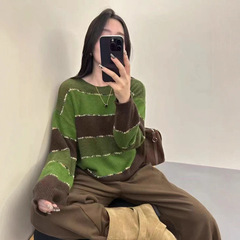 2025秋季新款撞色毛衣长袖条纹宽松毛衣女慵懒套头圆领针织衫上衣